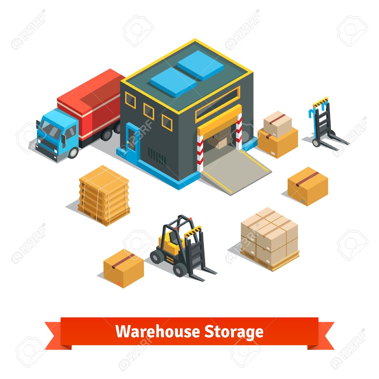 Wholesale Warehouse Storage Building With Forklift Wares On Pallets And Truck Goods Distribution Concept Wholesale Warehouse Storage Building With Forklift Wares On Pallets And Truck Goods Distribution Concept