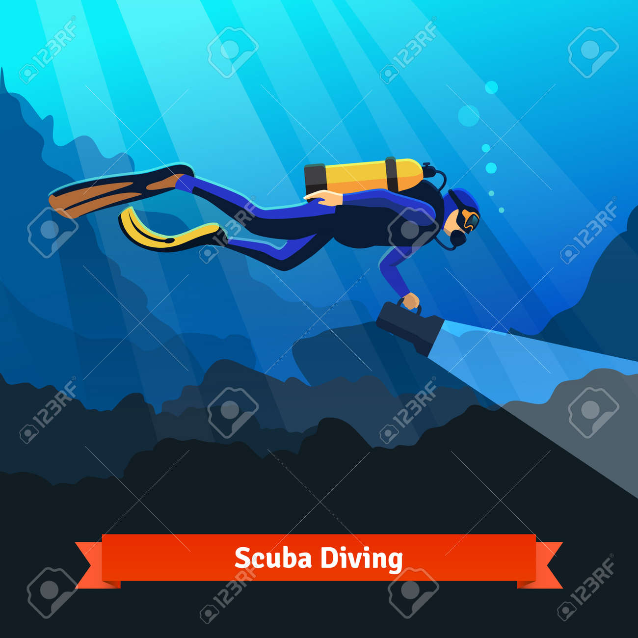 プロのダイバーは 水中検索大きな懐中電灯を手に男します フラット スタイルはベクトル分離のイラストです のイラスト素材 ベクタ Image