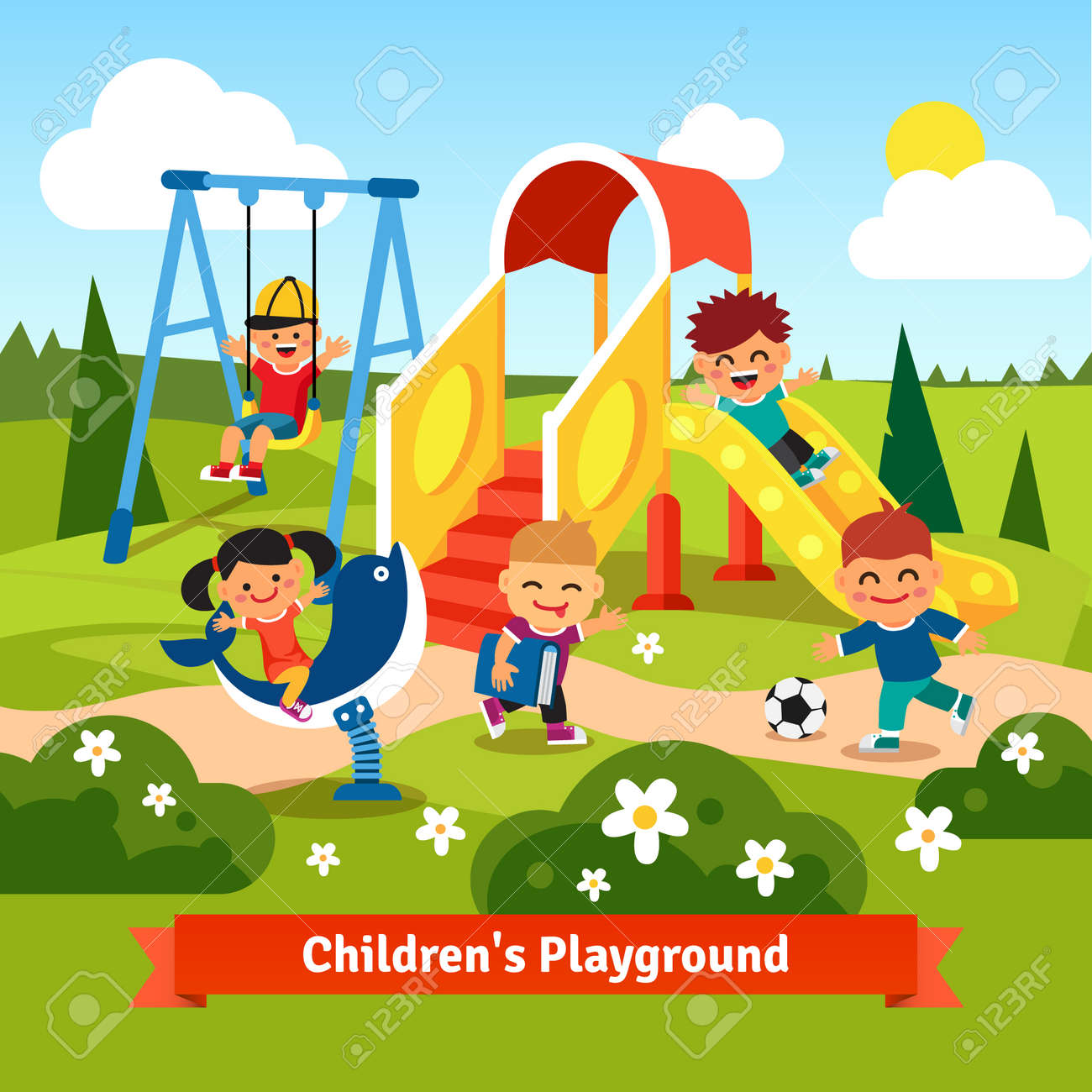 Kids Playing On Playground Swinging And Sliding Children Flat Style Vector Cartoon Illustration Kids Playing On Playground Swinging And Sliding Children Flat Style Vector Cartoon Illustration