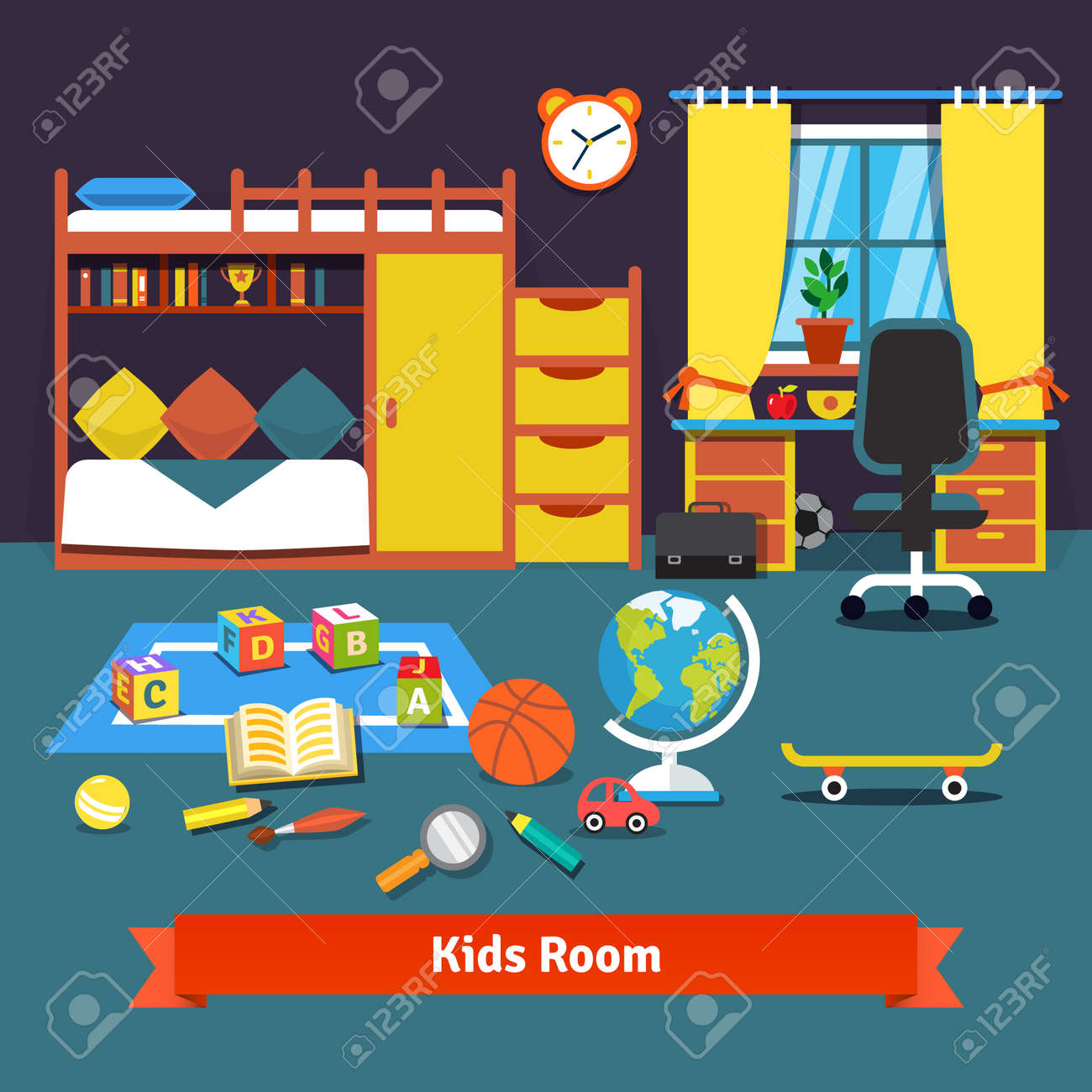 Sala De Dos Niños Con Litera Armario Escritorio Silla Y Juguetes