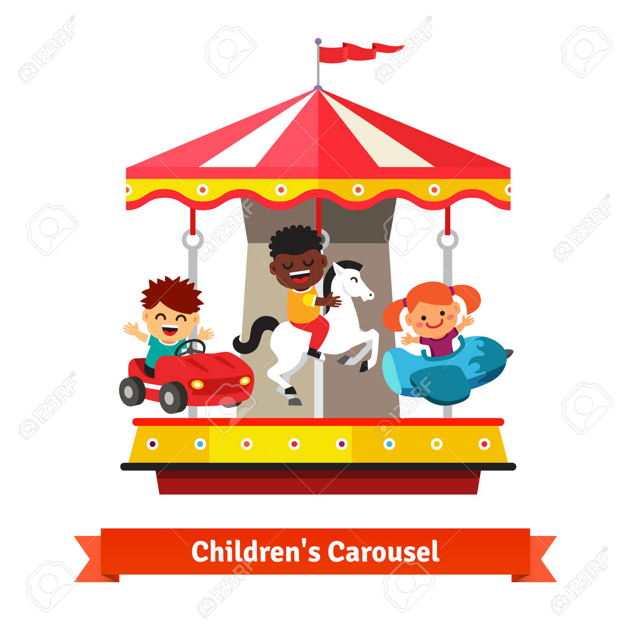 kids having fun on a carnival carousel boys and girl riding
