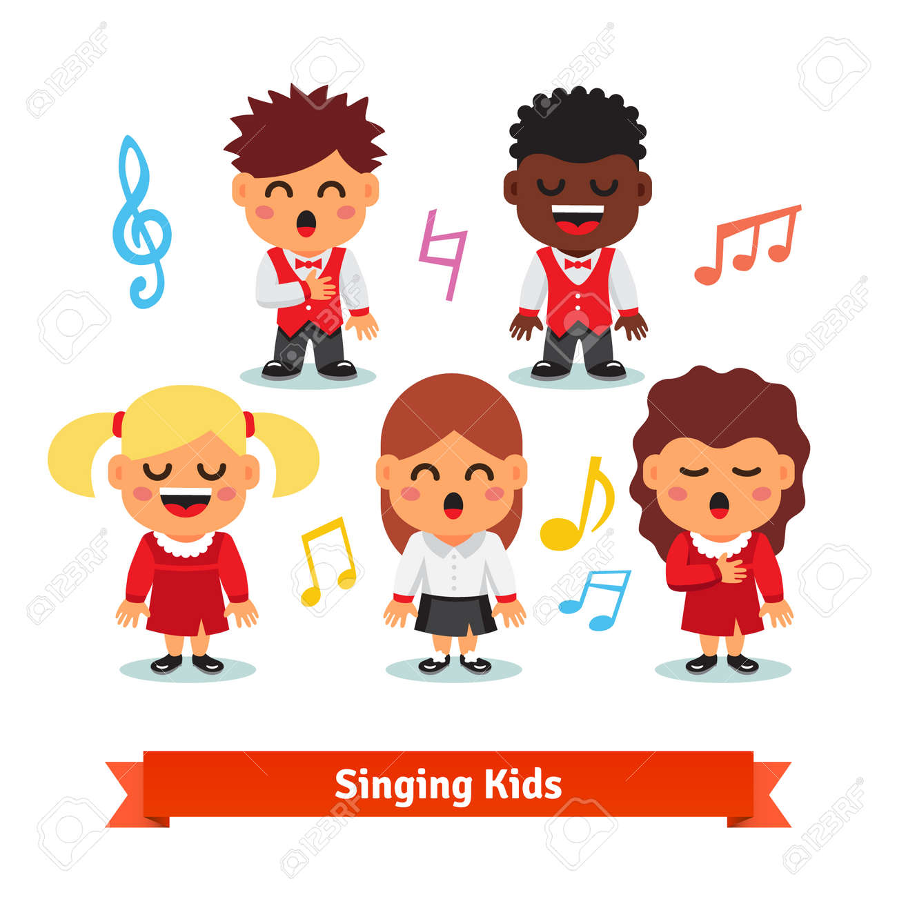 Choir of kids singing. Boys and girls happy children quintet. Flat vector cartoon illustration isolated on white background. - 48013965 Choir of kids singing. Boys and girls happy children quintet. Flat vector cartoon illustration isolated on white background. - 48013965