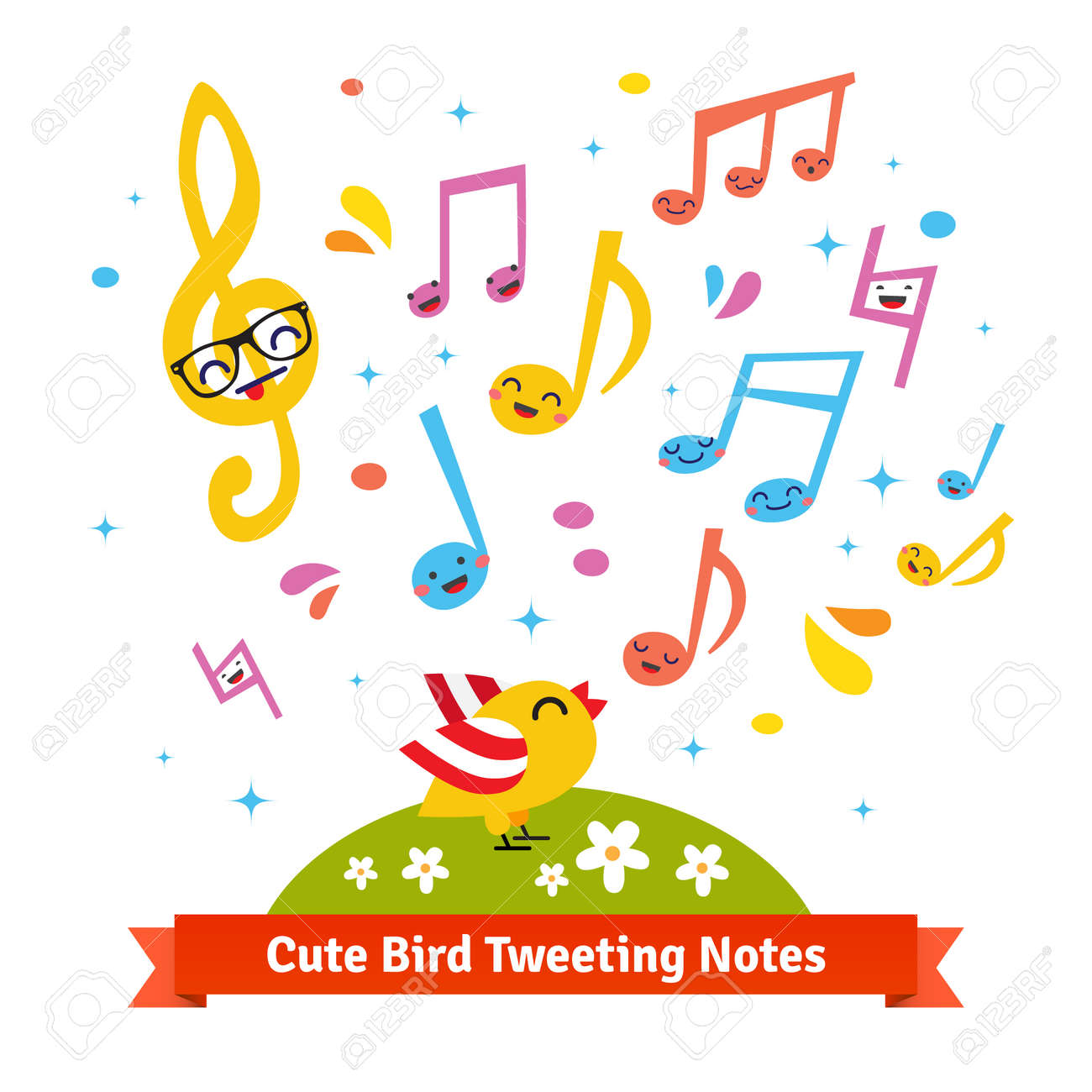 Tweeting Oiseau Mignon Et Chantant Dessin Animé Heureux Notes Musicales Debout Sur Une Verte Prairie Appartement Illustration Isolé Sur Fond Blanc