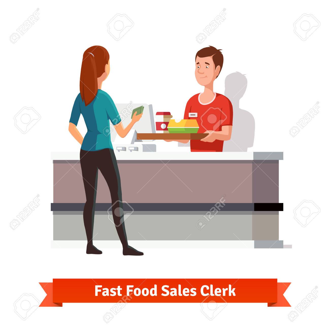 sales clerk at fast food restaurant handing a tray with packed what is a sales clerk