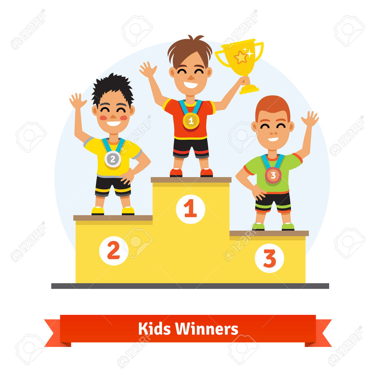 キッズ スポーツ勝者のメダルと金カップを輝いていると表彰台に立っています のイラスト素材 ベクタ Image キッズ スポーツ勝者のメダルと金カップを輝いていると表彰台に立っています のイラスト素材 ベクタ Image