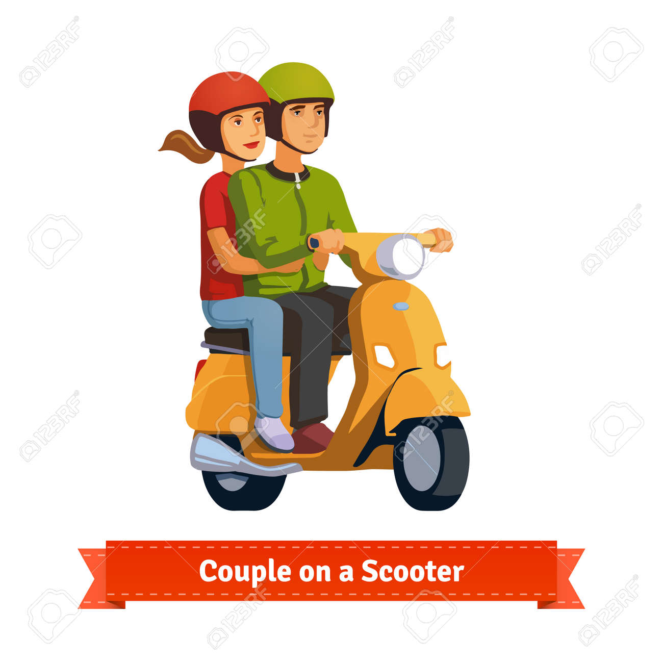 Couple on a scooter. Happy riding together. Flat style illustration. EPS 10 vector. - 51136743 Couple on a scooter. Happy riding together. Flat style illustration. EPS 10 vector. - 51136743