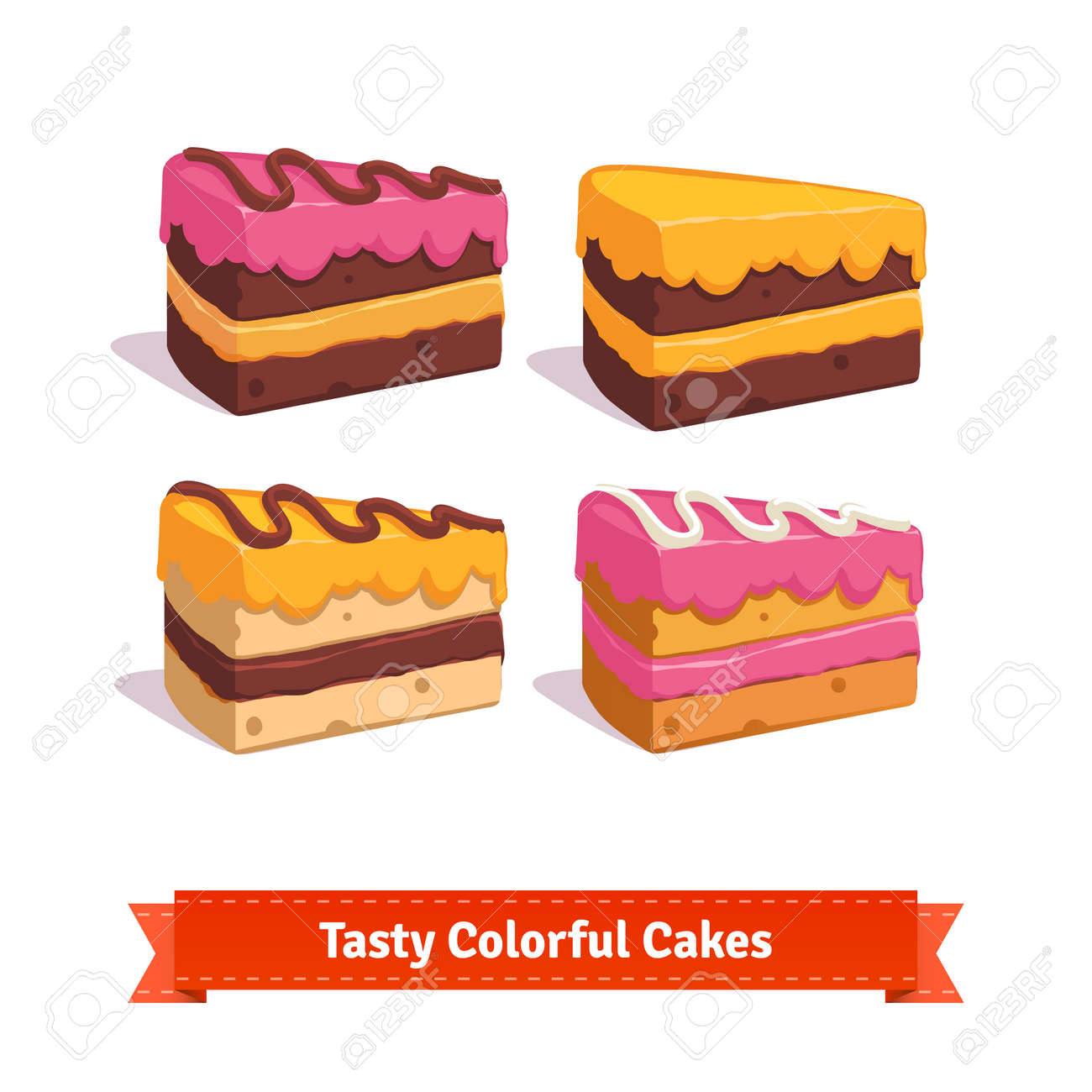 Tasty cake slices with frosting and cream. Flat style illustration. EPS 10 vector. - 51136981 Tasty cake slices with frosting and cream. Flat style illustration. EPS 10 vector. - 51136981