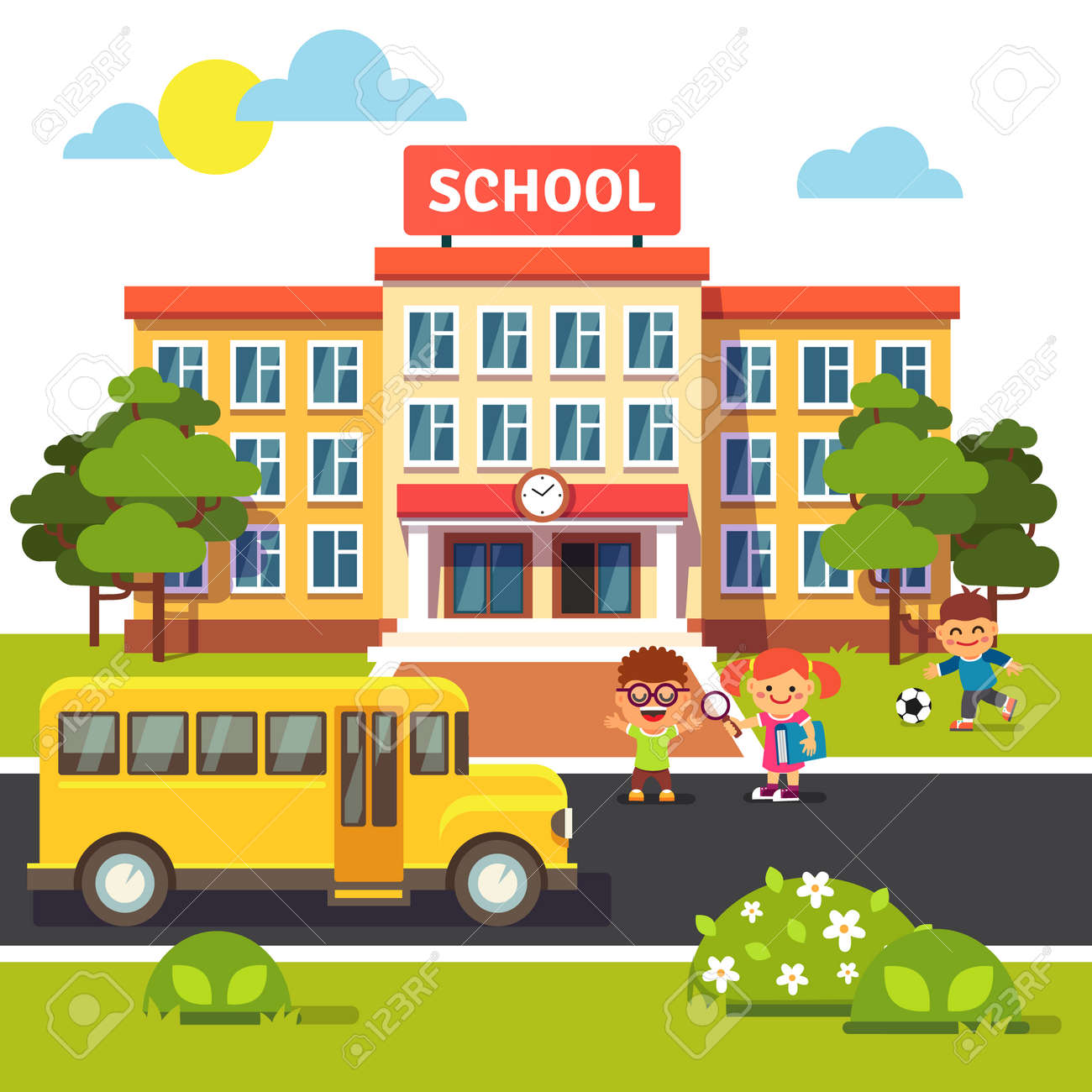 School building, bus and front yard with students children. Flat style vector illustration isolated on white background. - 53122104 School building, bus and front yard with students children. Flat style vector illustration isolated on white background. - 53122104