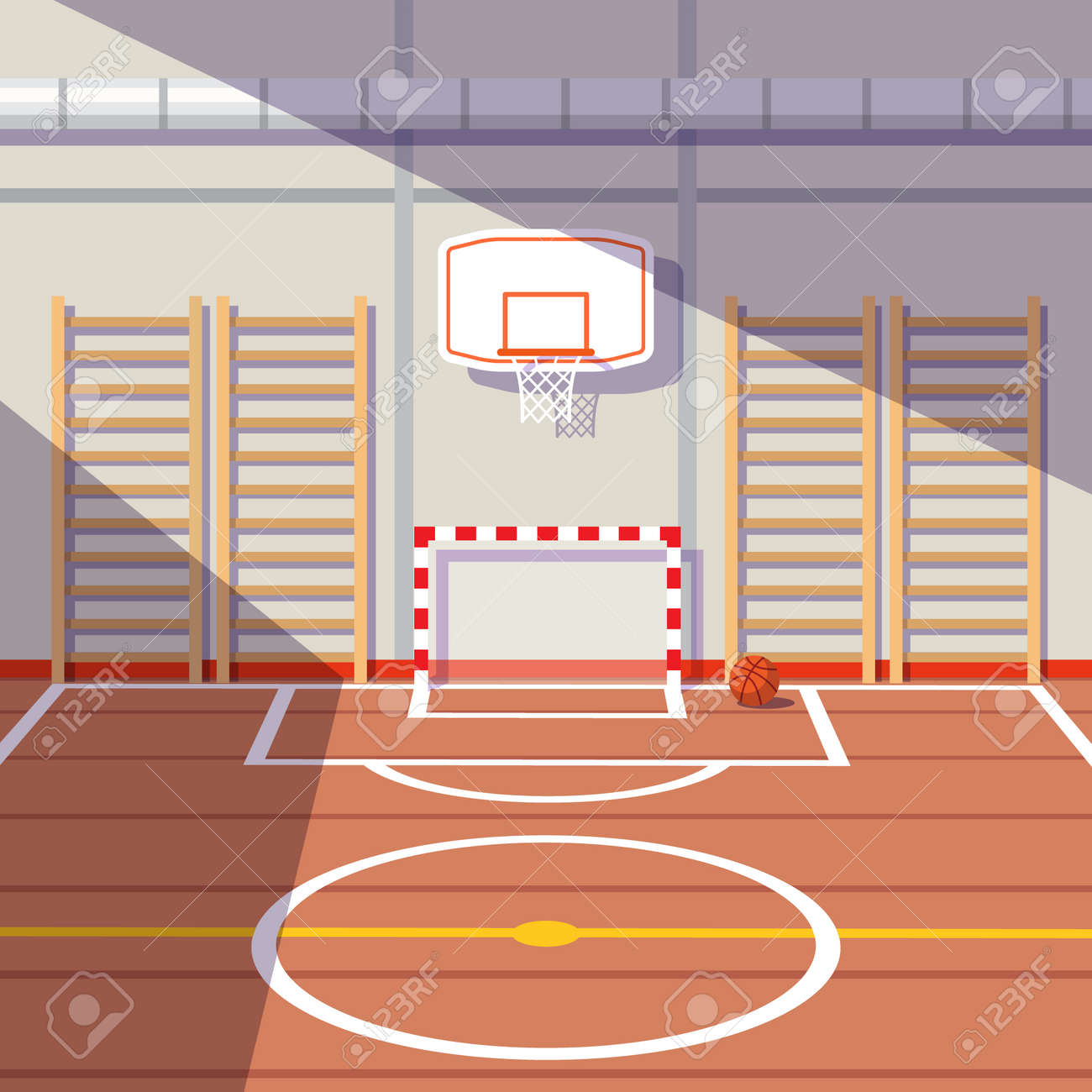 sun lit school or university gym hall with soccer goal and