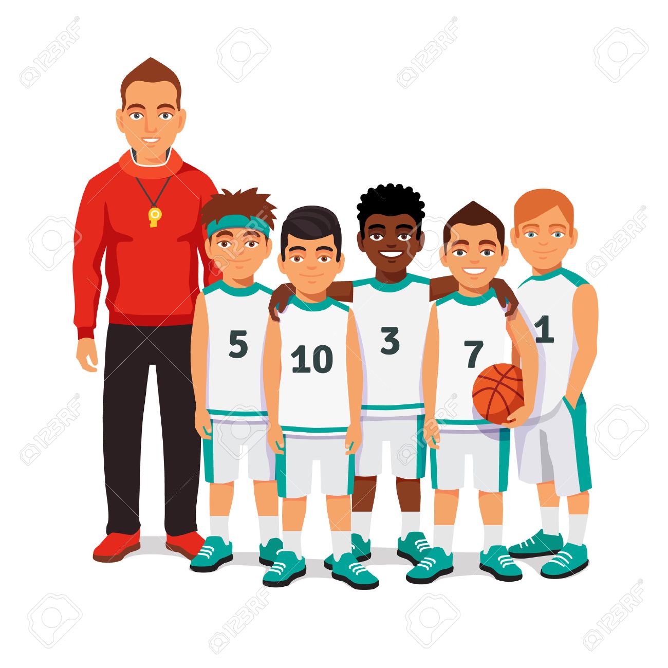 School boys basketball team standing with their coach. Flat style vector illustration isolated on white background. - 53122281 School boys basketball team standing with their coach. Flat style vector illustration isolated on white background. - 53122281
