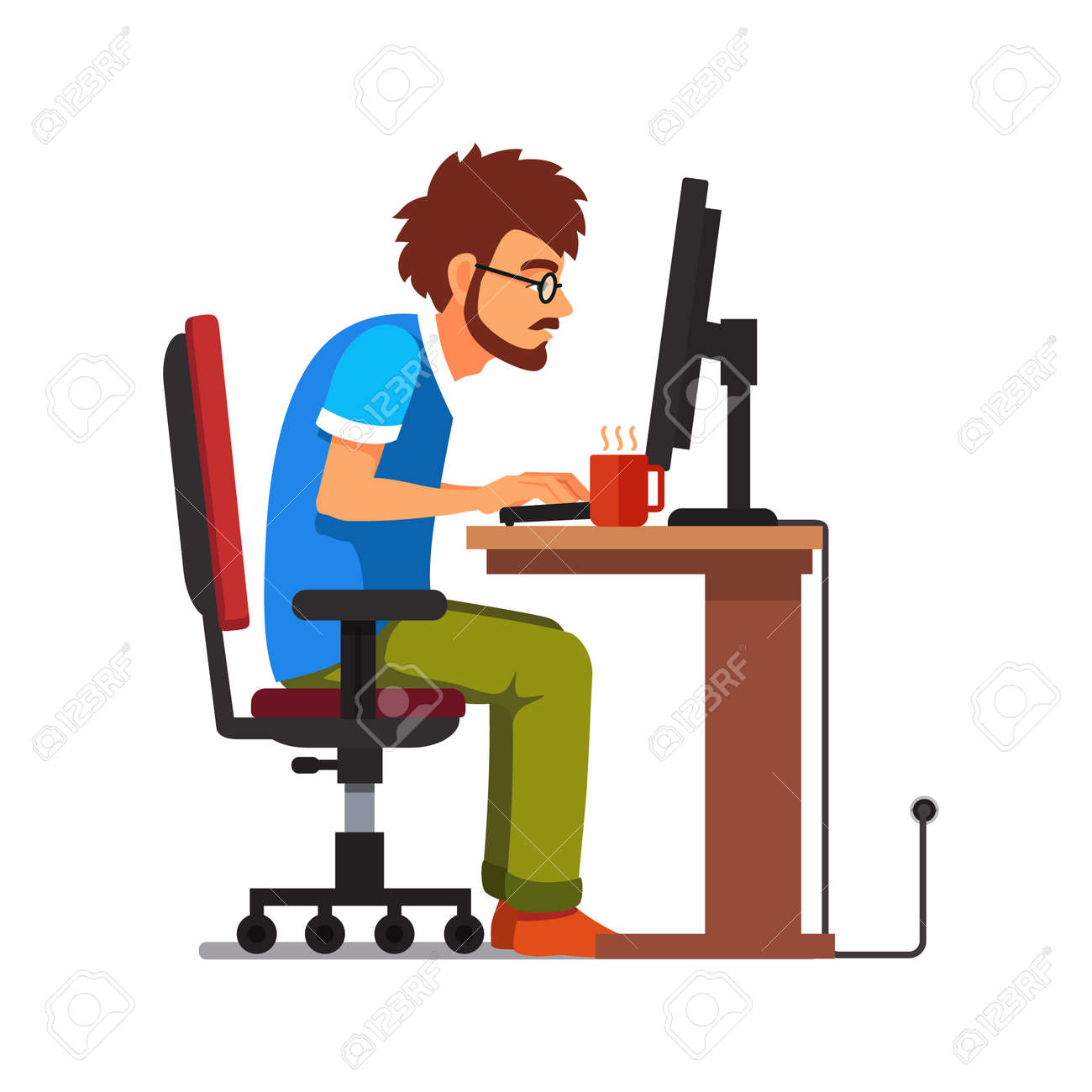 Middle age work addict geek sitting at the computer desk. Flat style vector illustration isolated on white background. - 52903291 Middle age work addict geek sitting at the computer desk. Flat style vector illustration isolated on white background. - 52903291