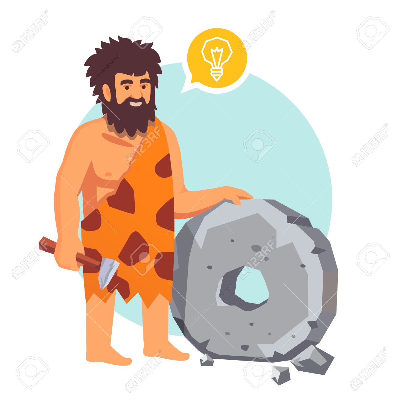 Stone age primitive man had an idea and invents a wheel. Flat style vector illustration isolated on white background. - 52904062 Stone age primitive man had an idea and invents a wheel. Flat style vector illustration isolated on white background. - 52904062