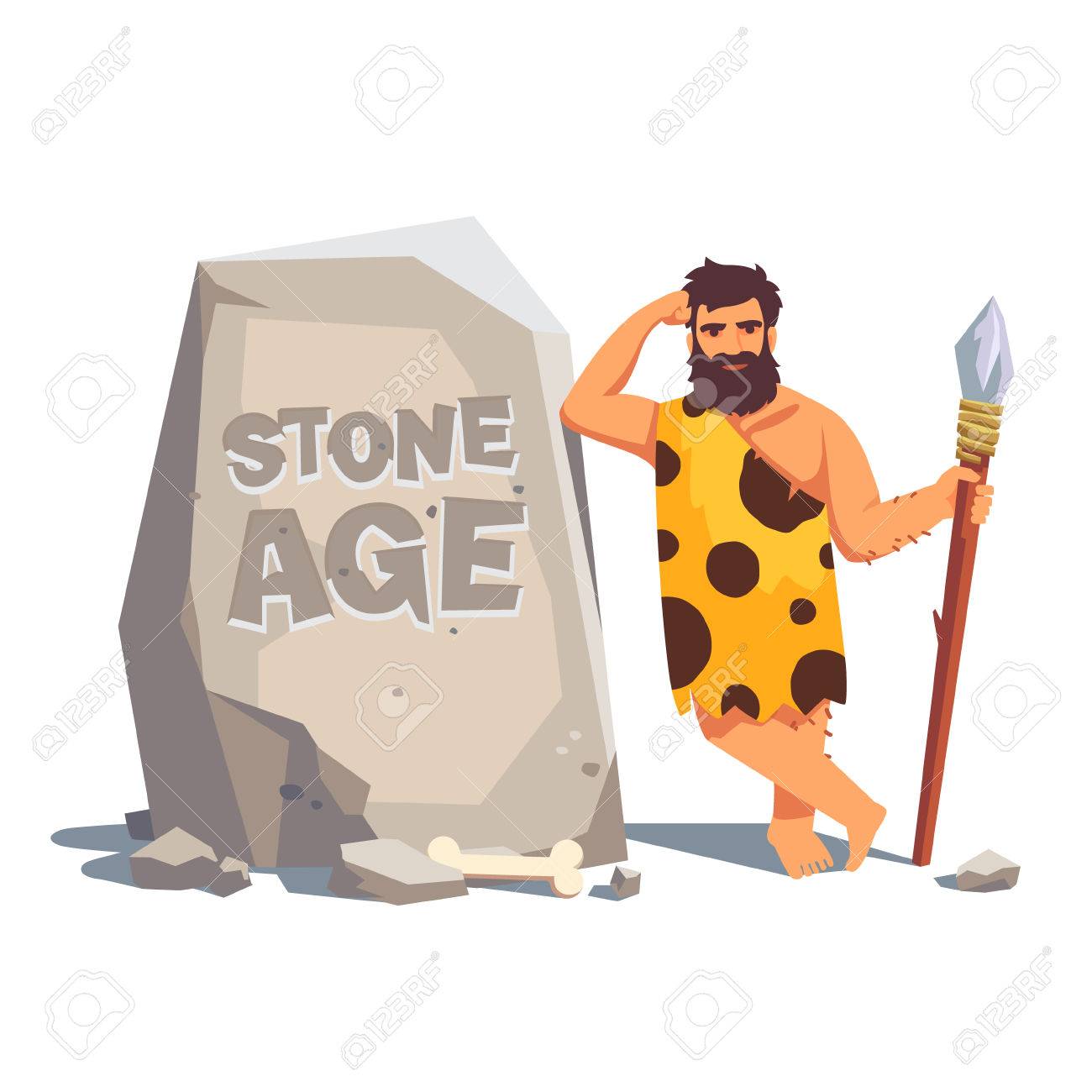 Stone age engraving on a big tablet rock with leaning caveman. Flat style vector illustration isolated on white background. - 52904076 Stone age engraving on a big tablet rock with leaning caveman. Flat style vector illustration isolated on white background. - 52904076