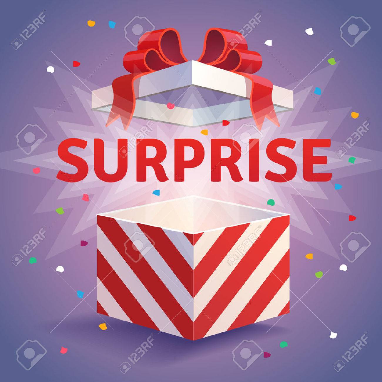 Opened surprise gift box. Red striped and bow tied confetti explosion. Flat style vector illustration isolated on violet background. - 52901903 Opened surprise gift box. Red striped and bow tied confetti explosion. Flat style vector illustration isolated on violet background. - 52901903