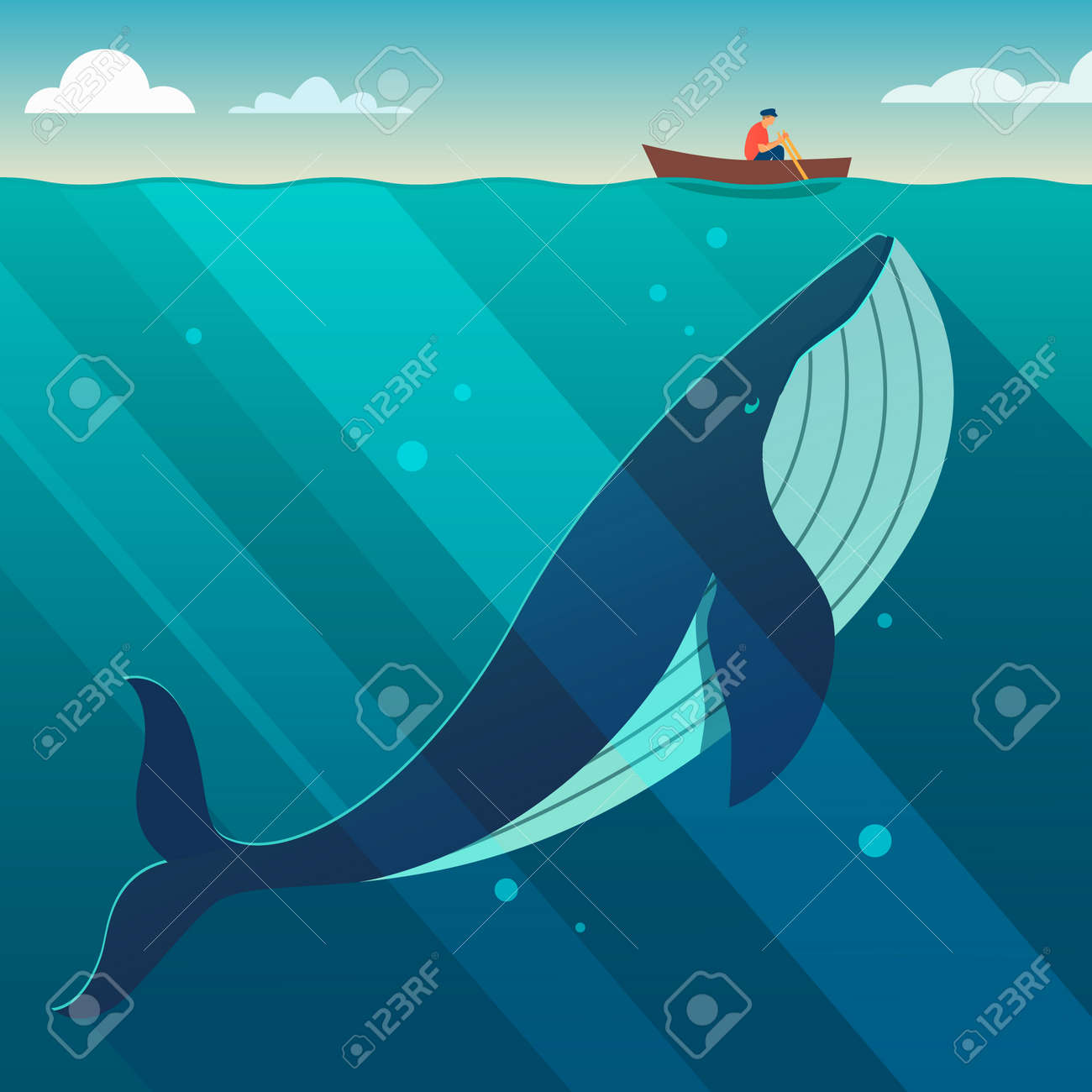 Huge white whale under the small boat. Hidden power concept. Flat style vector illustration. - 52901854 Huge white whale under the small boat. Hidden power concept. Flat style vector illustration. - 52901854