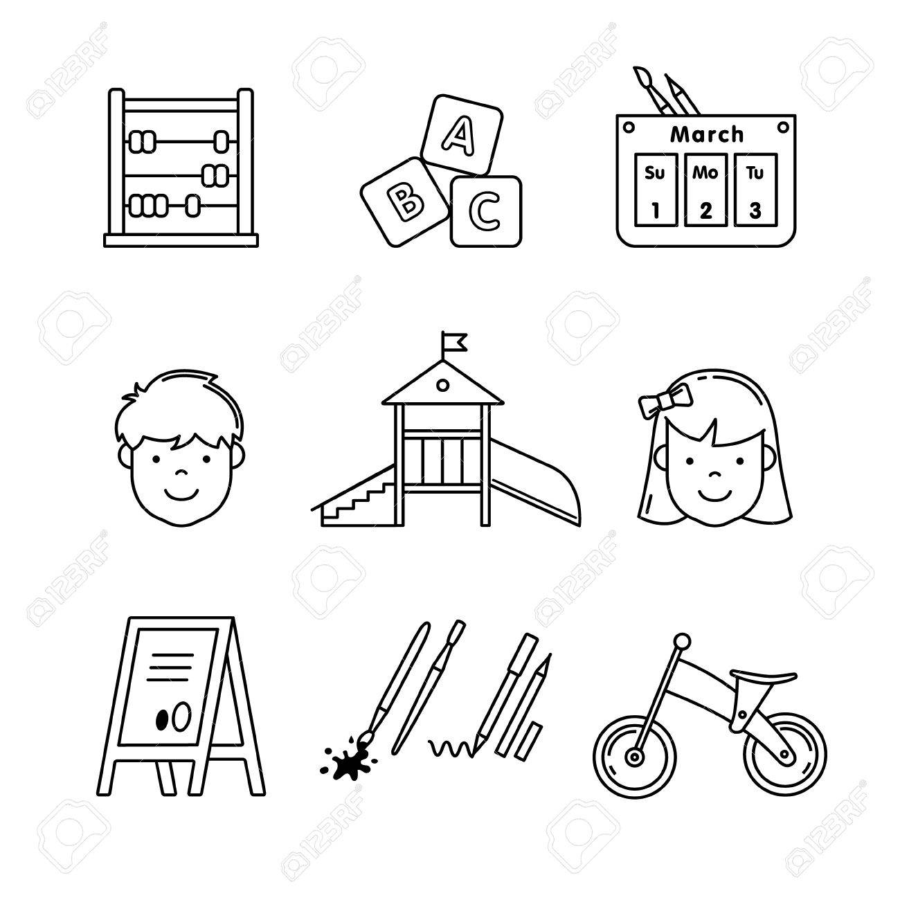 Ducation Icones De La Maternelle Ligne Mince Art Set Fille Garcon Abaque Blocs Abc Calendrier Toboggan Et Autres Equipements Symboles De Vecteur Noir Isole Sur Blanc Clip Art Libres De Droits