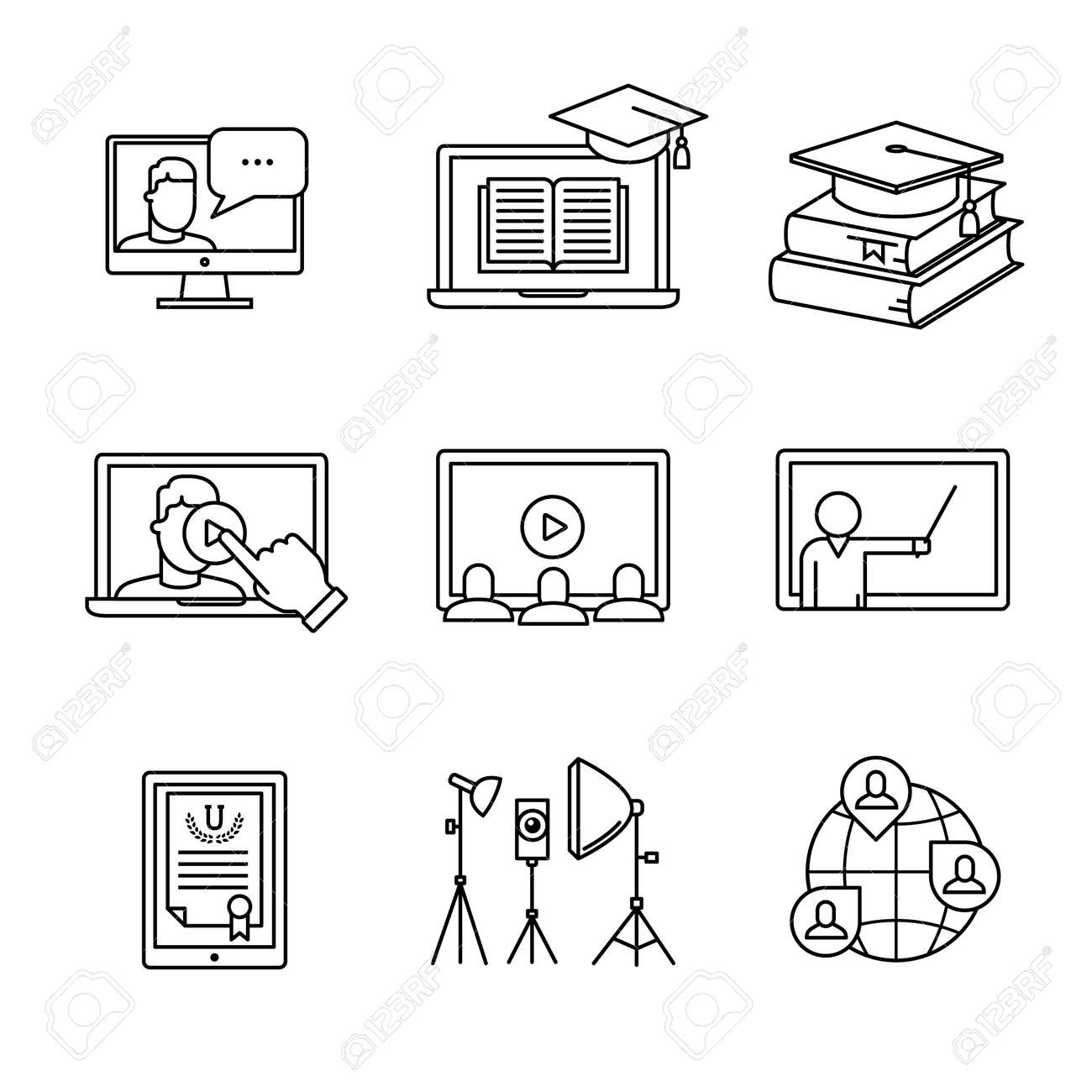 Online seminar icons thin line art set. Webinar education and development. Black vector symbols isolated on white. - 52949113 Online seminar icons thin line art set. Webinar education and development. Black vector symbols isolated on white. - 52949113