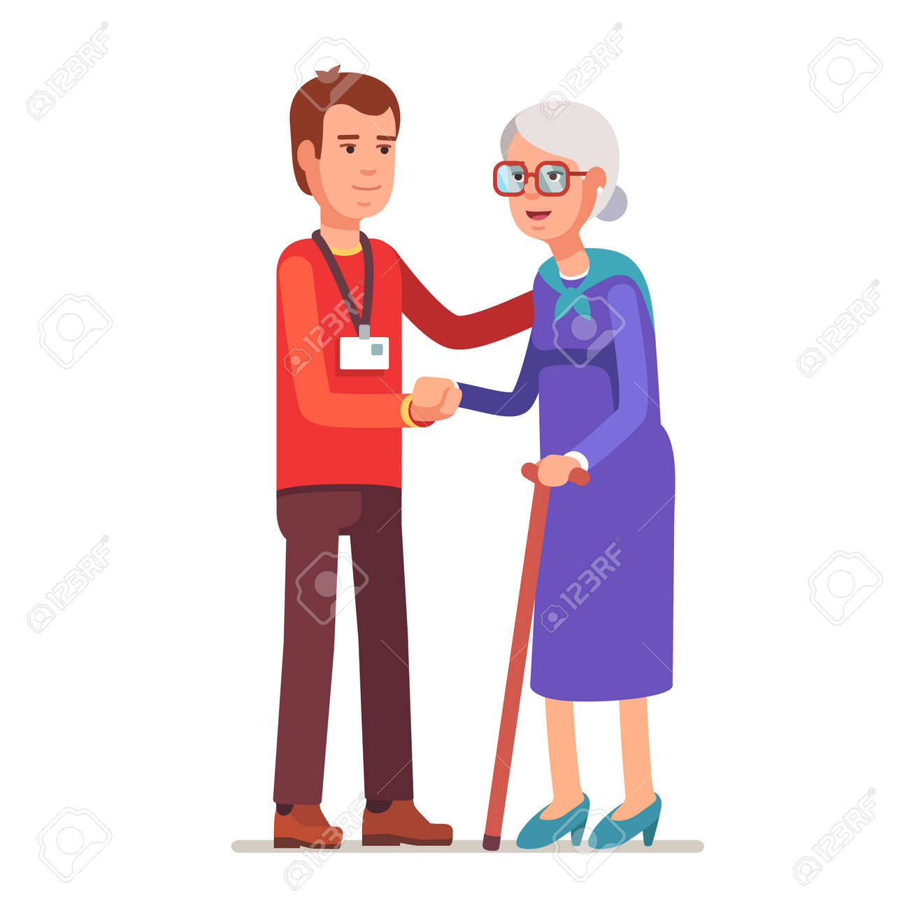 老婦人を助けるバッジを持つ若者 高齢介護 看護 フラット スタイル ベクトル イラスト白背景に分離されました のイラスト素材 ベクタ Image 老婦人を助けるバッジを持つ若者 高齢介護 看護 フラット スタイル ベクトル イラスト白背景に分離されました のイラスト素材 ベクタ Image