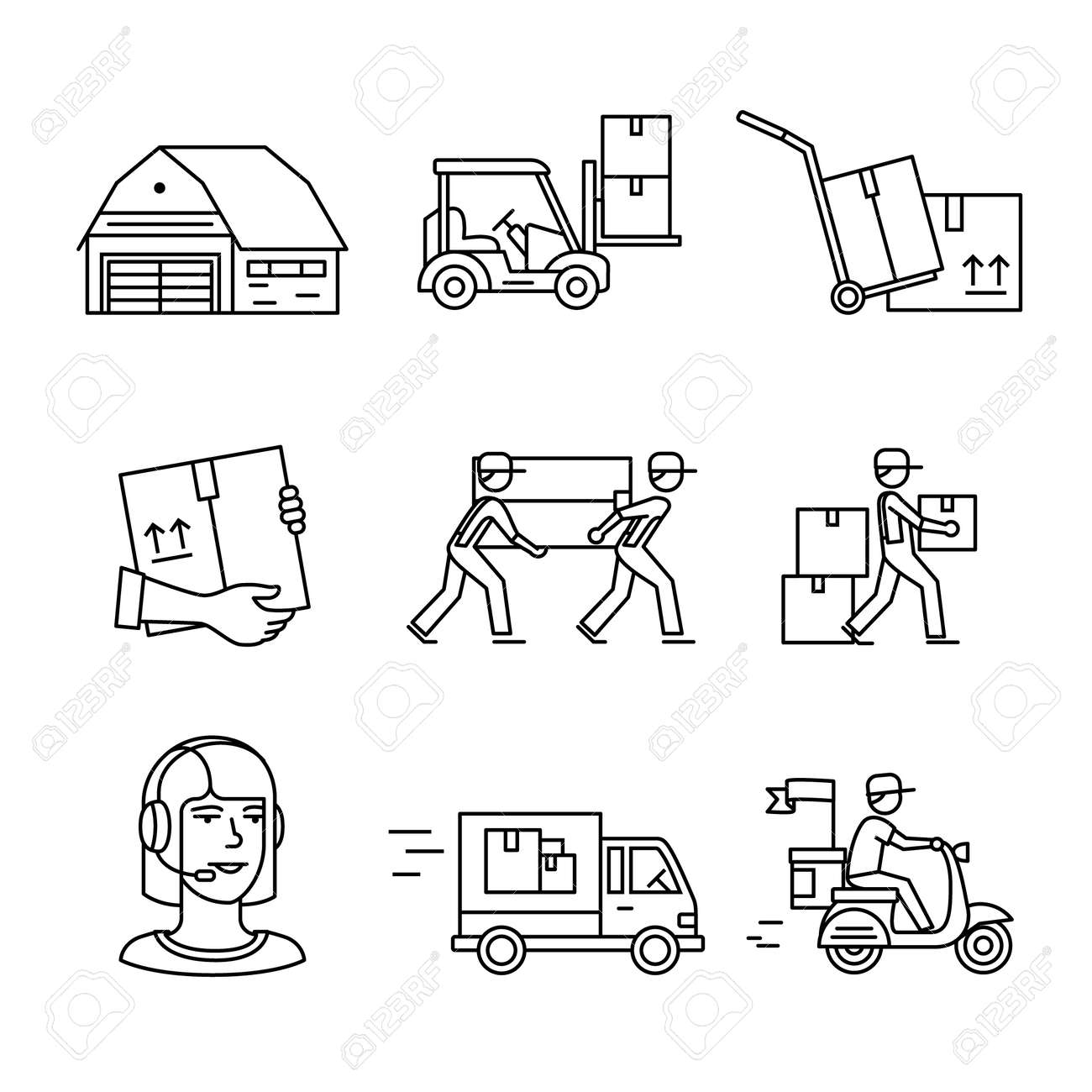 倉庫 卸売 サービス 配達輸送標識セットです 細い線アート アイコン 直線的なスタイルのイラストが白で隔離 のイラスト素材 ベクタ Image