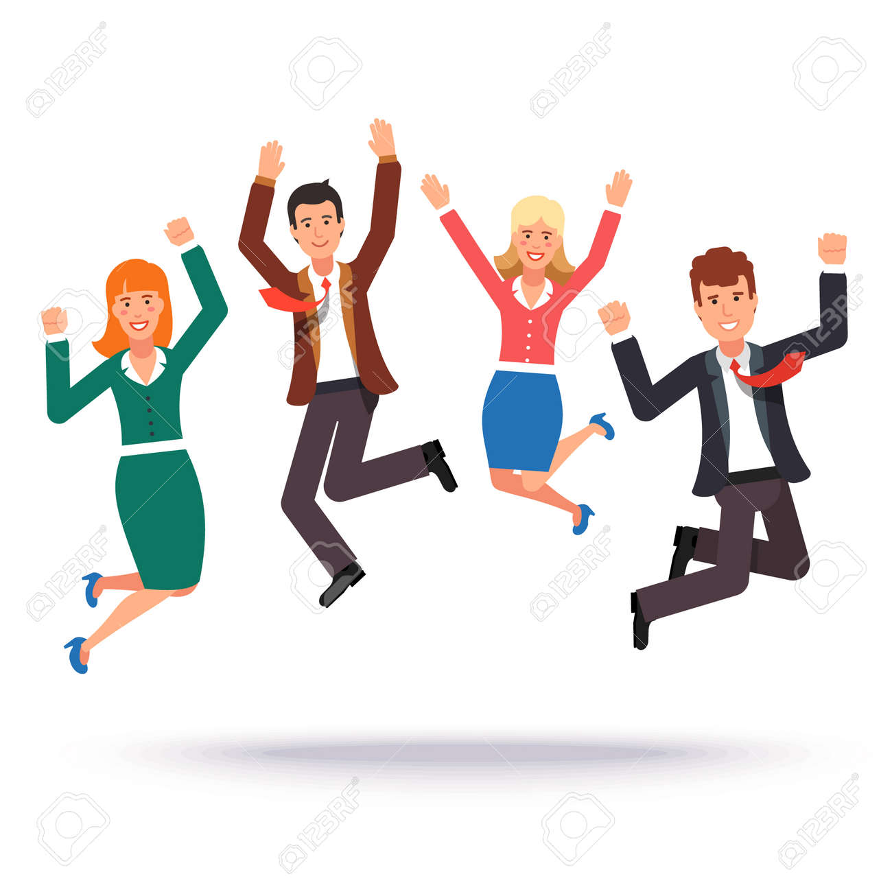 幸せなビジネスの人々 が彼らの成功を祝うをジャンプします フラット スタイルのベクトル図です のイラスト素材 ベクタ Image