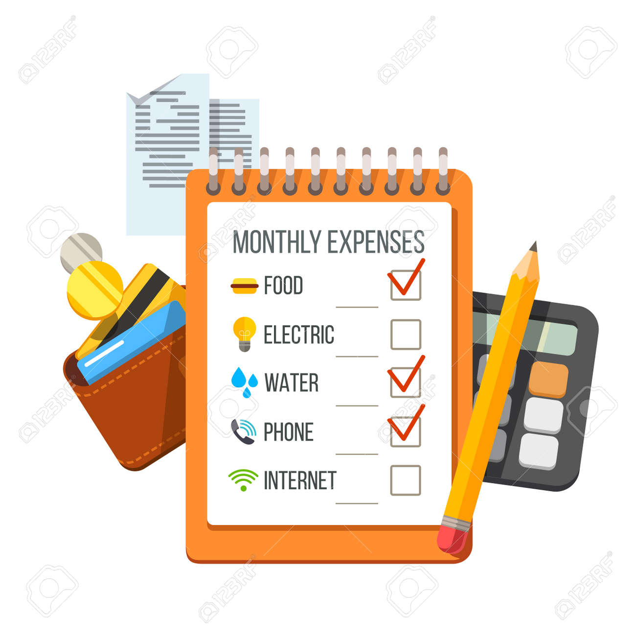 monthly expenses planning checklist with receipts wallet and