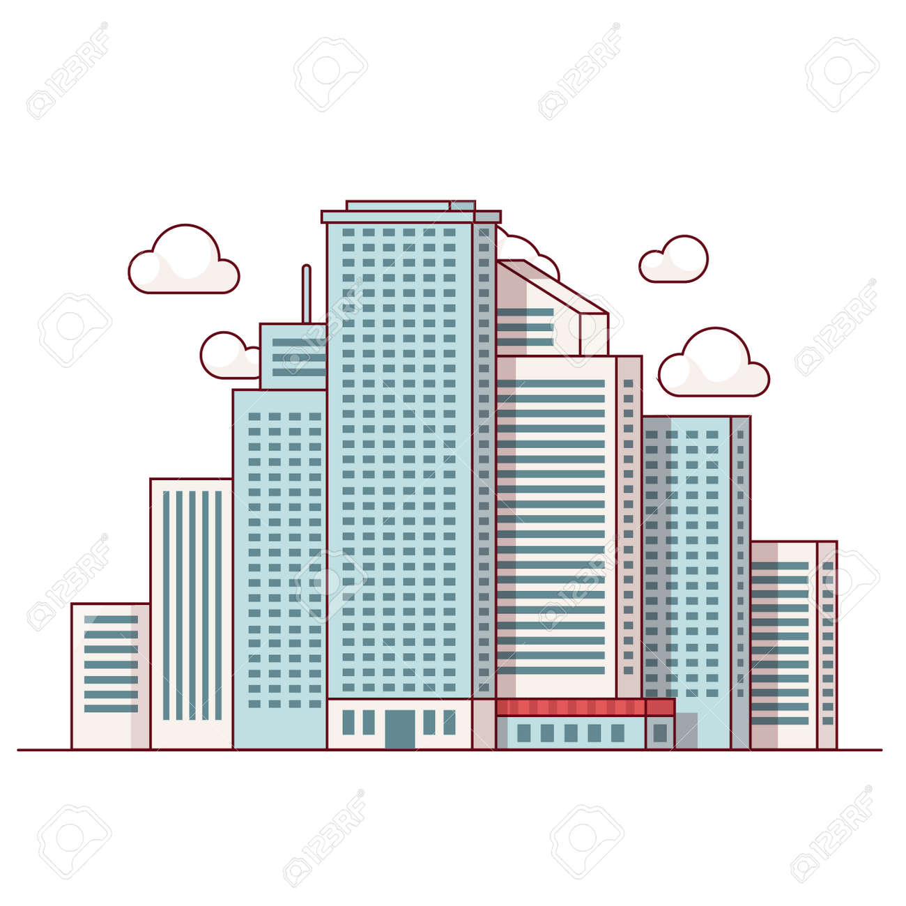 街の中心は 空の雲をピアス高い高層ビル風景します モダンなフラット スタイル細い線ベクトル イラスト白背景に分離されました のイラスト素材 ベクタ Image