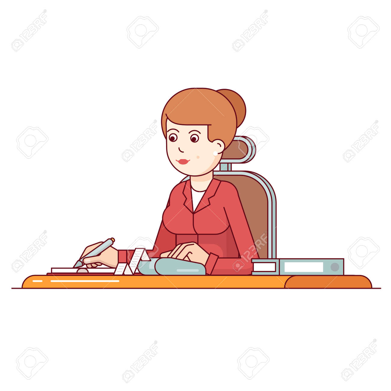 ビジネス女性計画 計算 スケジューリング彼女の費用や税金 メモ帳で書きます フラット スタイルの細い線のベクトル イラスト白い背景で隔離 のイラスト素材 ベクタ Image