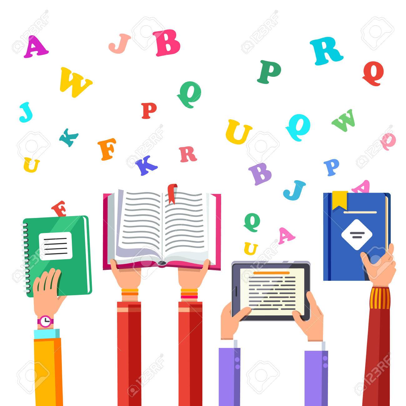 学生は子供手を開いた本 教科書 ノートブックおよびタブレット コンピューター両手です フラット スタイル モダンなベクトル イラスト 白背景に分離されました のイラスト素材 ベクタ Image