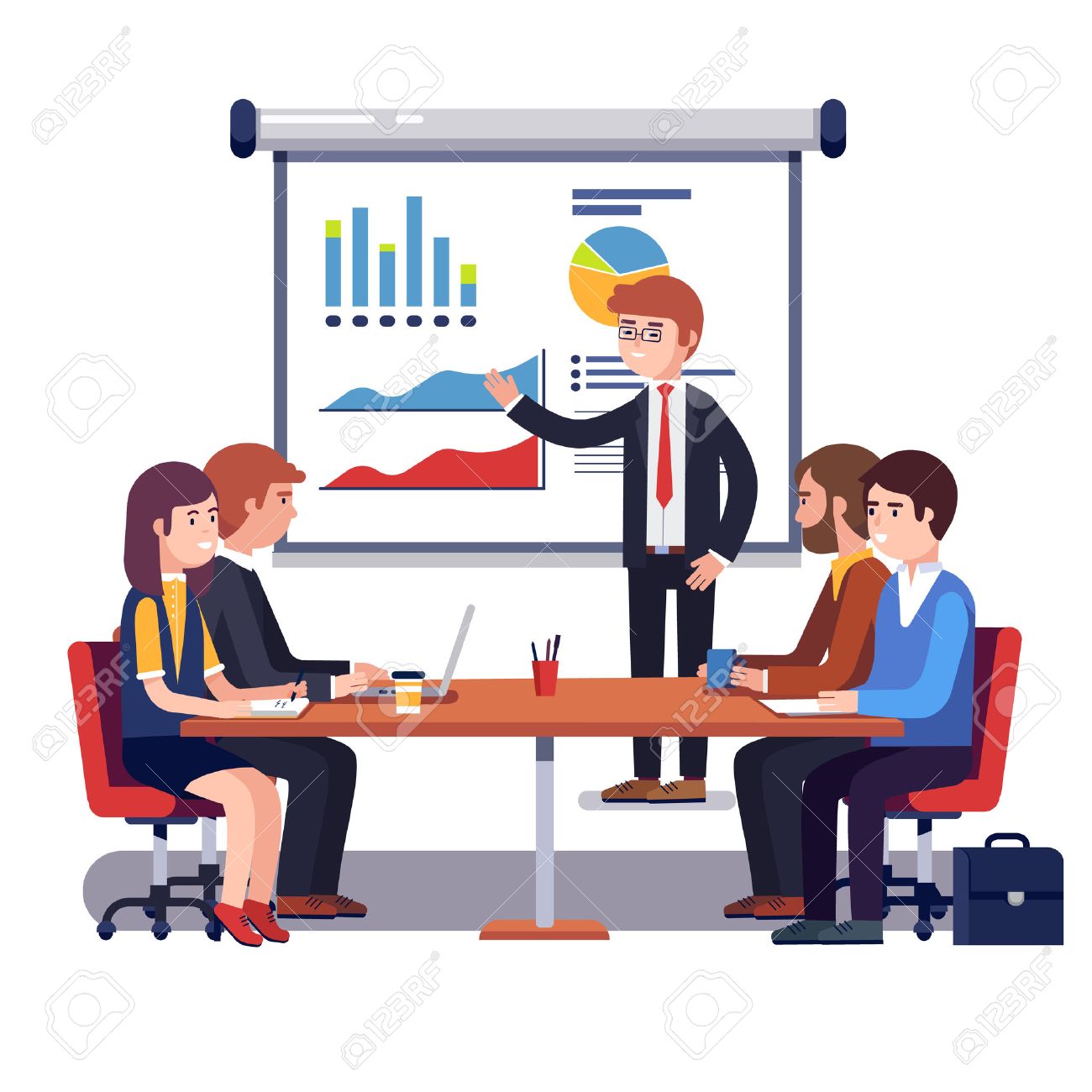 Corporate business manager explaining quarter report data to directors board. Financial results presentation standing in front of projecting screen. Flat style vector illustration isolated on white. - 67654572 Corporate business manager explaining quarter report data to directors board. Financial results presentation standing in front of projecting screen. Flat style vector illustration isolated on white. - 67654572