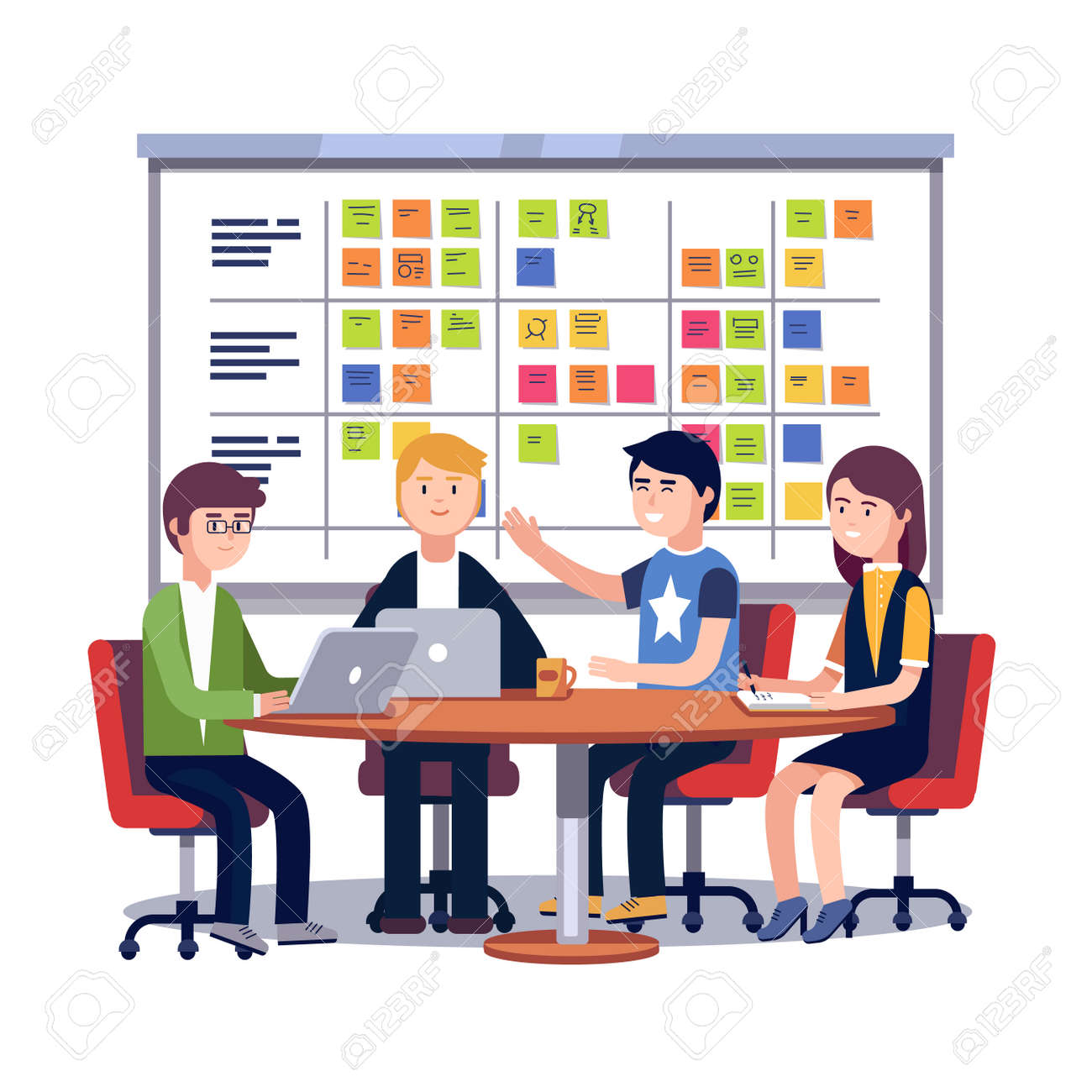 チームが一緒に取り組んで大きなそれのスタートアップのビジネス スクラムのタスクの委員会は 付箋カード上のタスクの完全なチーム部屋にぶら下がっています フラット スタイル ベクトル イラスト白背景に分離されました のイラスト素材 ベクタ Image
