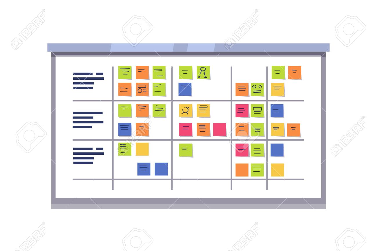 White scrum board full of tasks on sticky note cards. Iterative agile software development framework for managing product development. Flat style vector illustration isolated on white background. - 67654601 White scrum board full of tasks on sticky note cards. Iterative agile software development framework for managing product development. Flat style vector illustration isolated on white background. - 67654601