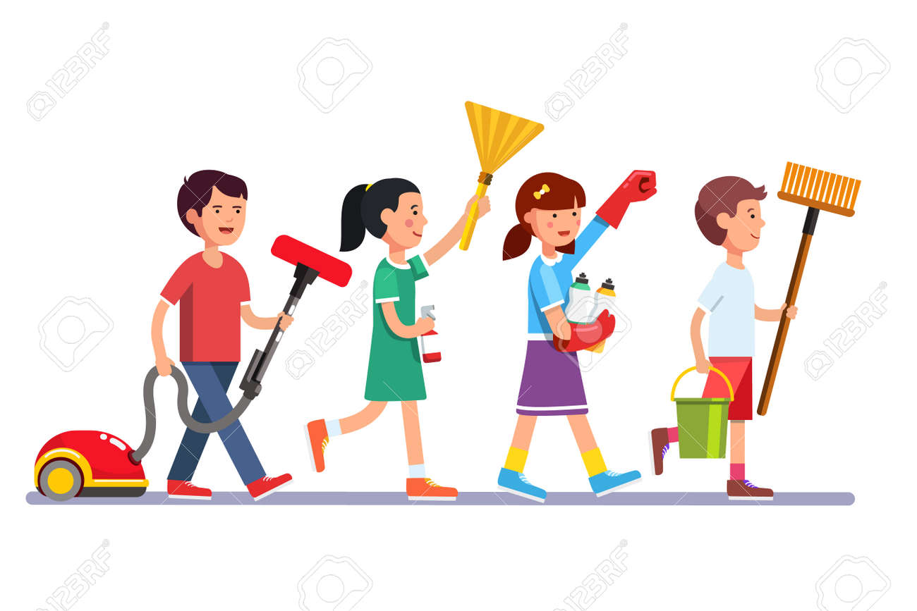 Kids cleaning team doing household chores. Inspired boys and girls cleaners walking in row line with vacuum, brooms and water bucket. Colorful flat style cartoon vector illustration. - 67654827 Kids cleaning team doing household chores. Inspired boys and girls cleaners walking in row line with vacuum, brooms and water bucket. Colorful flat style cartoon vector illustration. - 67654827