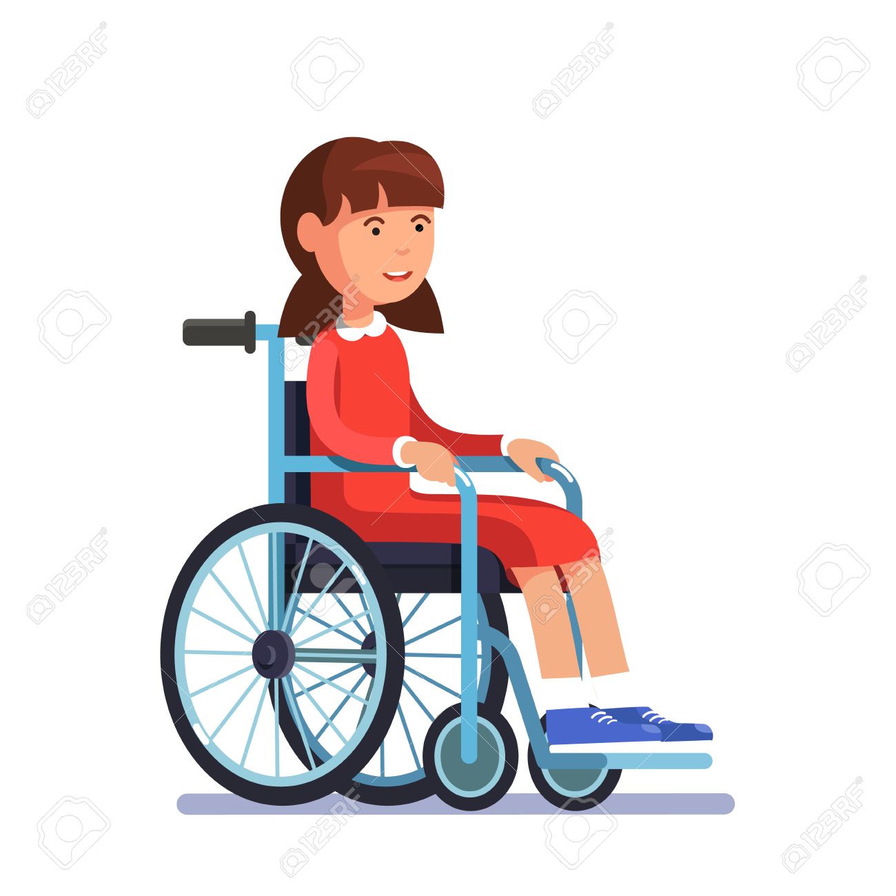かわいい女の子のバリアフリー子供 車椅子に座っています 障害者 カラフルなフラット スタイル漫画のベクトル図です のイラスト素材 ベクタ Image