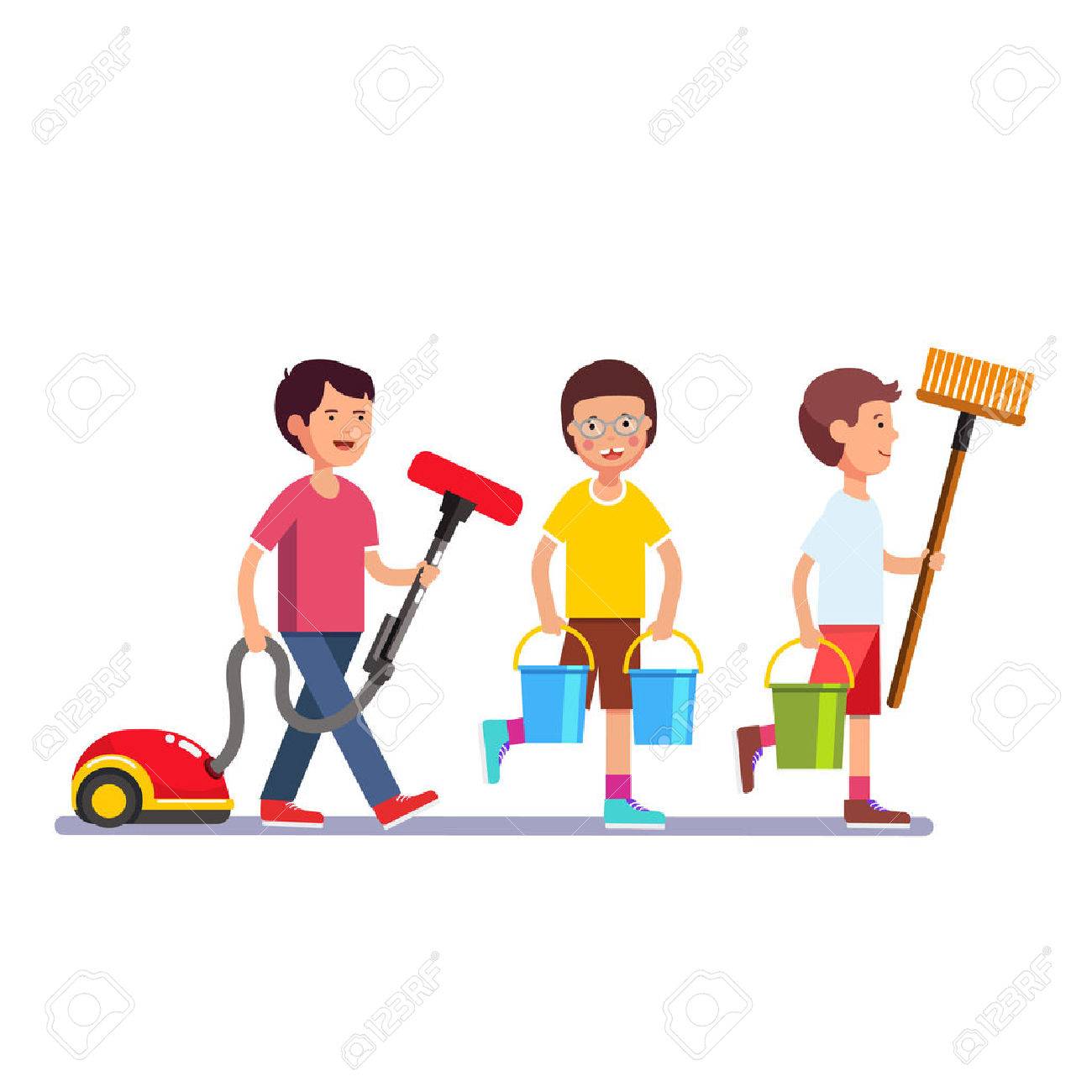 kids cleaning team doing household chores inspired boys and girls cleaners walking in row line