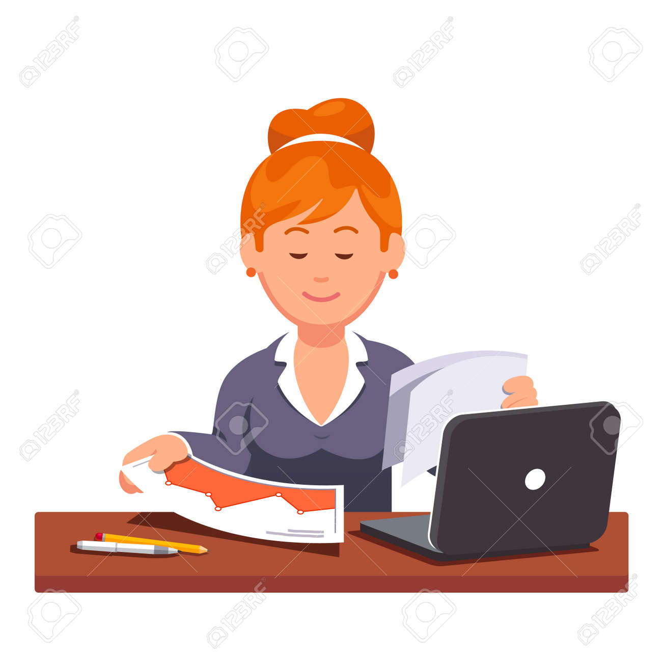 auditor woman looking through statistical data papers doing