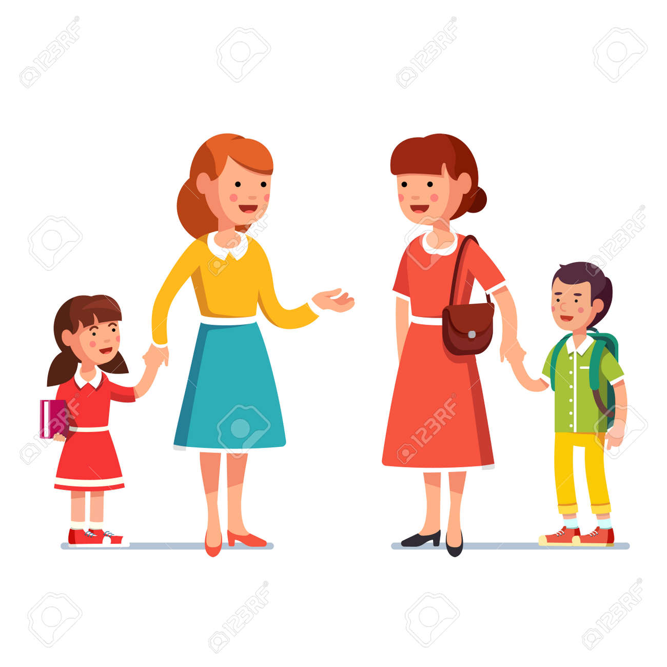 Meres Avec L Ecole Et La Maternelle Garcon Et Une Fille Clip Art Libres De Droits Vecteurs Et Illustration Image