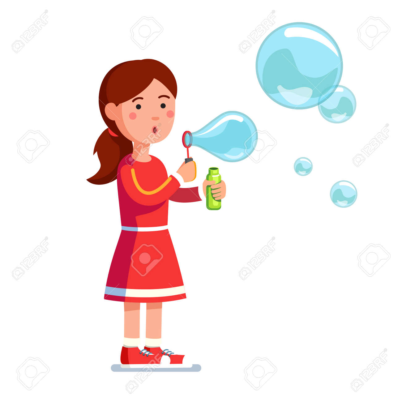Girl Kid Blowing Bubbles Holding Bottle With Soap Vector Illustration.  Royalty Free SVG, Cliparts, Vectors, and Stock Illustration. Image 83668094., image size:1300x1300