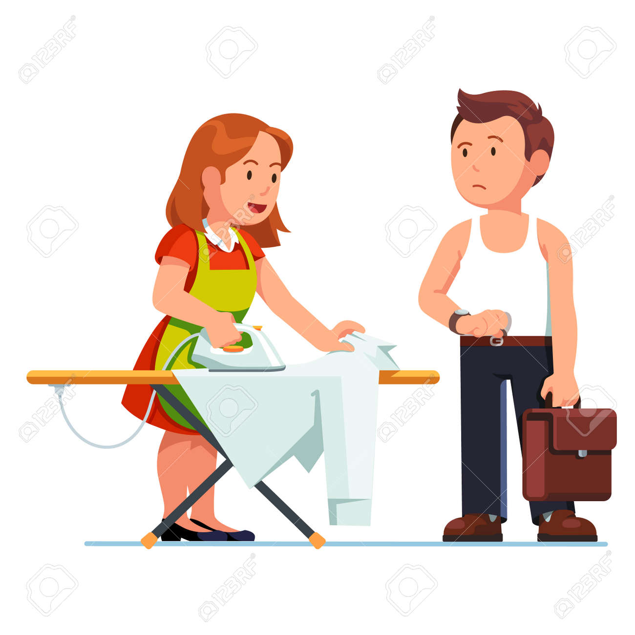 アイロンとアイロン台を使用して夫の妻アイロン シャツ 主婦女性が家事をする ビジネスの男性待機中彼女の高速化と時間を見てします フラット スタイル ベクトル イラスト白背景に分離されました のイラスト素材 ベクタ Image