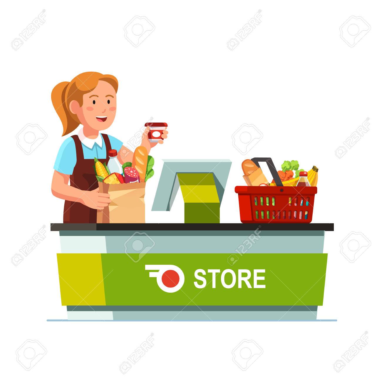 レジの女の子が食料品店のレジで働いて ショッピング食品バスケット リンギング 包装紙の袋から商品を取り出して販売員 フラット スタイル ベクトル イラスト白背景に分離されました のイラスト素材 ベクタ Image レジの女の子が食料品店のレジで働いて ショッピング食品バスケット リンギング 包装紙の袋から商品を取り出して販売員 フラット スタイル ベクトル イラスト白背景に分離されました のイラスト素材 ベクタ Image