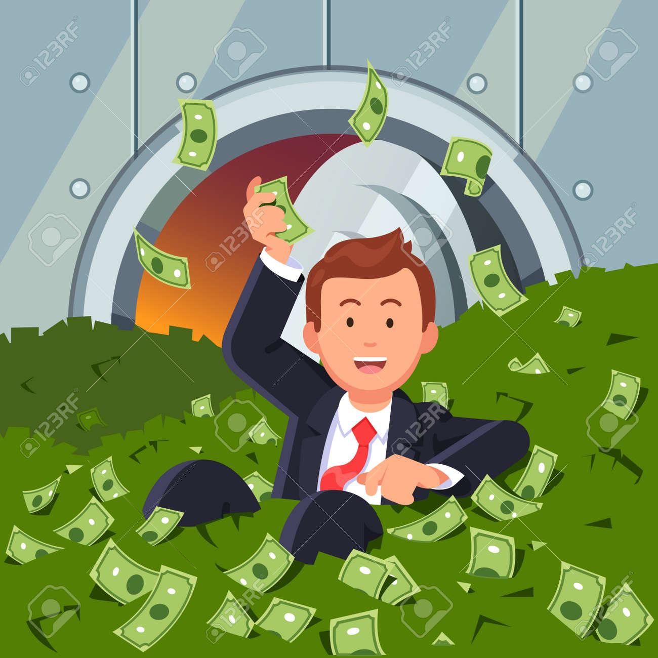 ドルの現金であって 空気で紙幣を投げて銀行の金庫室の中のビジネスマンを笑っています 金持ちの億万長者はお金で泳いでいます ビジネスの成功の概念 フラット スタイルのベクトル図です のイラスト素材 ベクタ Image
