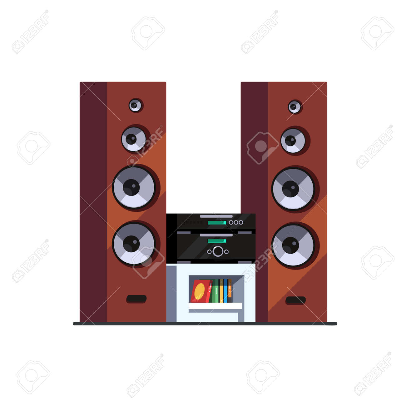 3 つの方法高級タワー スピーカー ステレオ ミュージック システム アンプ 受信機とブルーレイ プレーヤーのテーブルの上に立って木の床 フラット スタイル ベクトル イラスト白背景に分離されました のイラスト素材 ベクタ Image