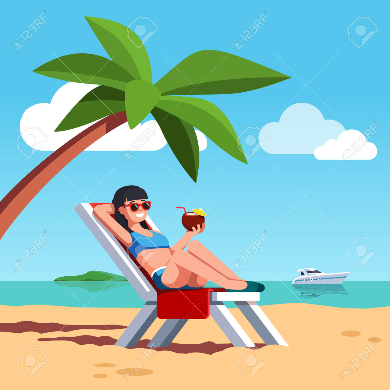 Woman in swimsuit sunbathing at beach. - 96325804 Woman in swimsuit sunbathing at beach. - 96325804