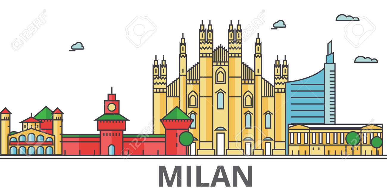 Mailand Skyline Der Stadt Gebaude Strassen Silhouette Architektur Landschaft Panorama Sehenswurdigkeiten Bearbeitbare Striche Flache Designlinie Vektor Illustration Konzept Isolierte Symbole Auf Weissem Hintergrund Lizenzfrei Nutzbare