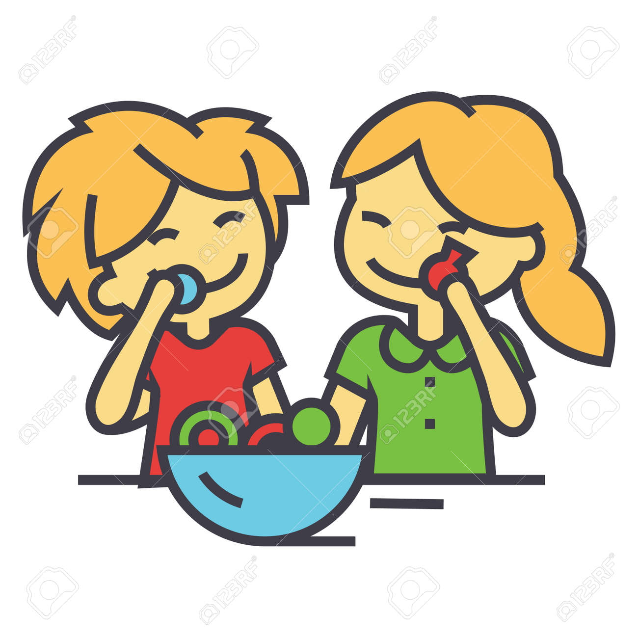 お菓子のコンセプトを食べる子供たち 行ベクトルのアイコン 編集可能なストローク 白い背景に分離された平面線形図のイラスト素材 ベクタ Image