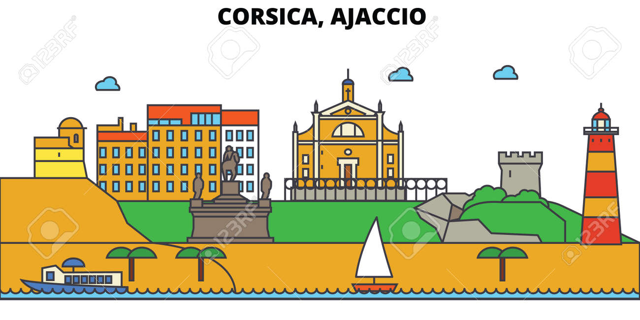 フランス アジャクシオ コルシカ島都市のスカイライン 建築 建物 通り シルエット 風景 パノラマ ランドマーク 編集可能なストローク フラットデザインラインベクトルイラストコンセプト 分離アイコンの イラスト素材 ベクタ Image