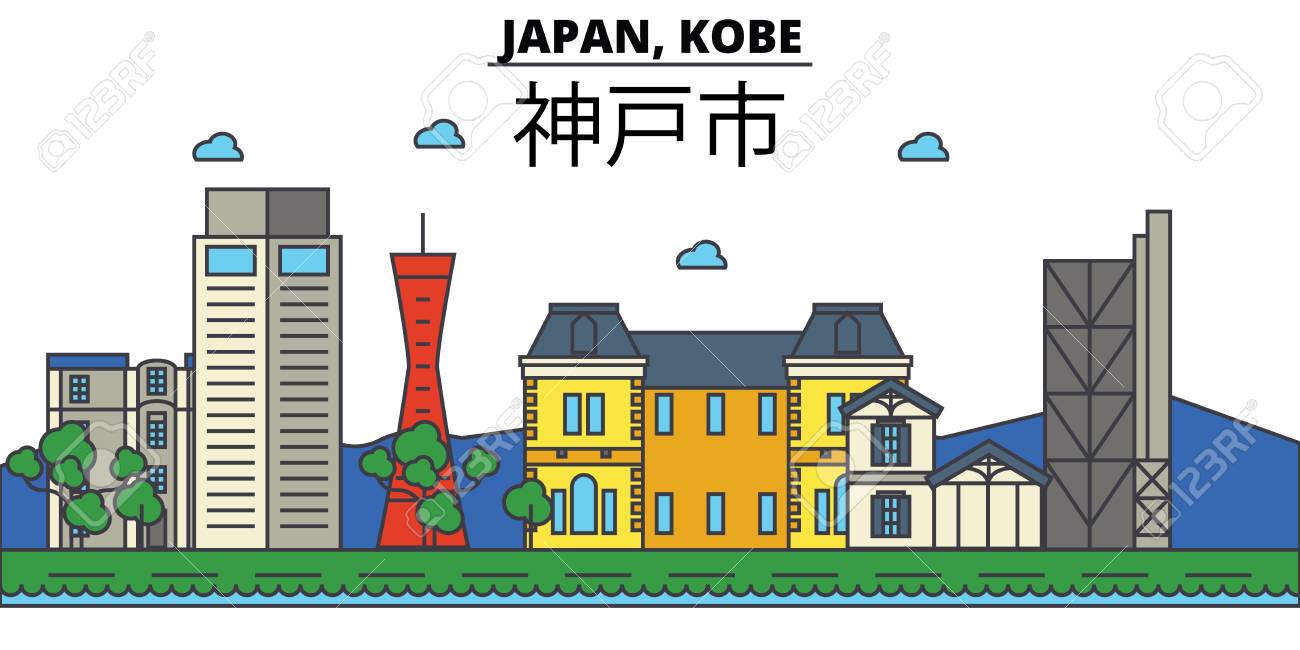 日本 神戸市のスカイライン 建築 建物 通り シルエット 風景 パノラマ ランドマーク 編集可能なストローク フラットなデザイン ライン ベクトル図概念 のイラスト素材 ベクタ Image