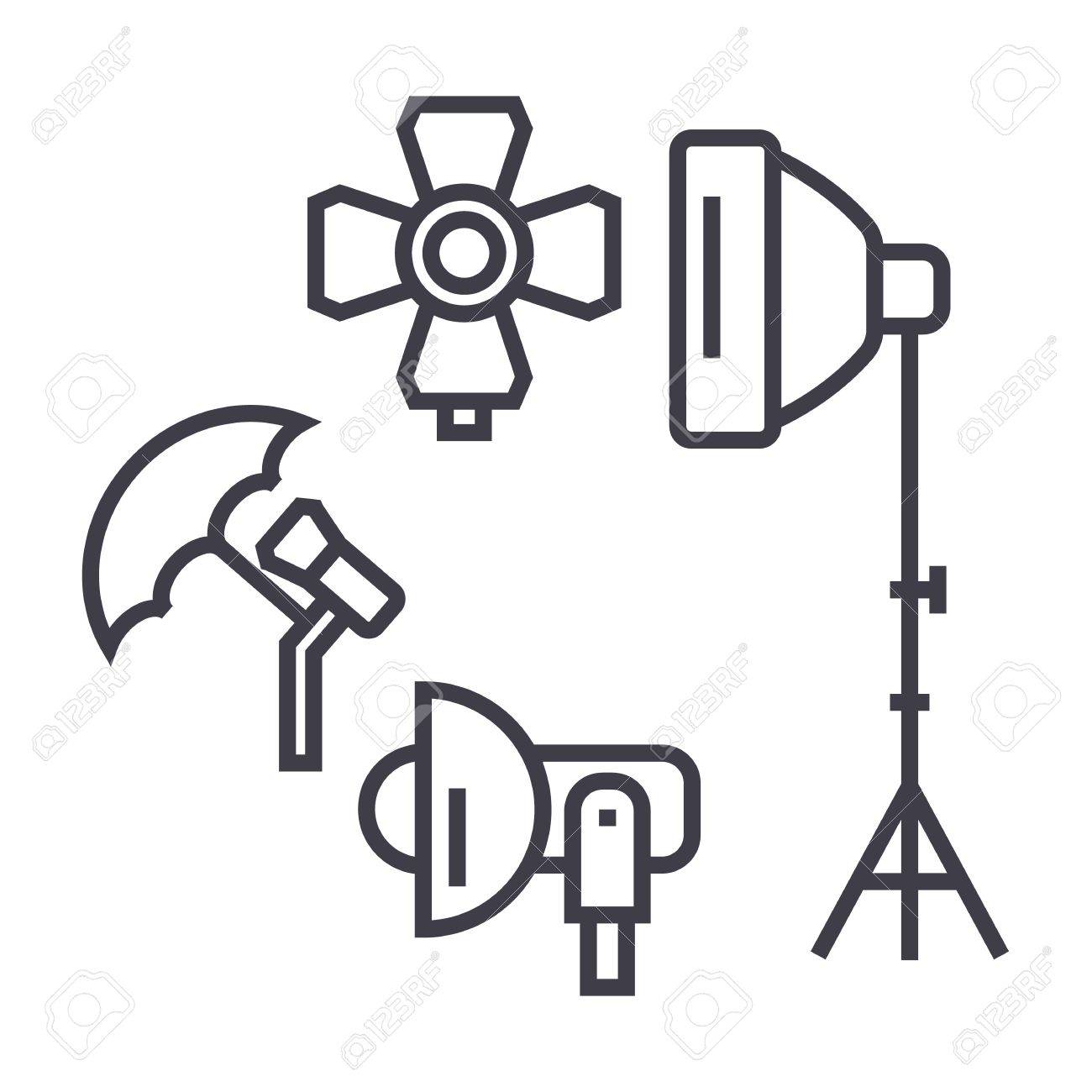 フォト スタジオ 照明器具ベクトル線のアイコン サイン 白い背景に 編集可能なストロークの図 のイラスト素材 ベクタ Image