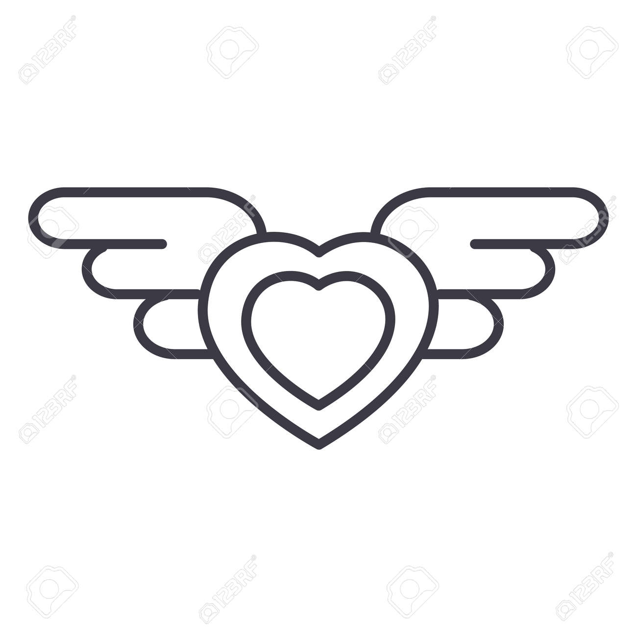 ハート翼付きベクトルラインアイコン 記号 白背景にイラスト 編集可能なストローク のイラスト素材 ベクタ Image