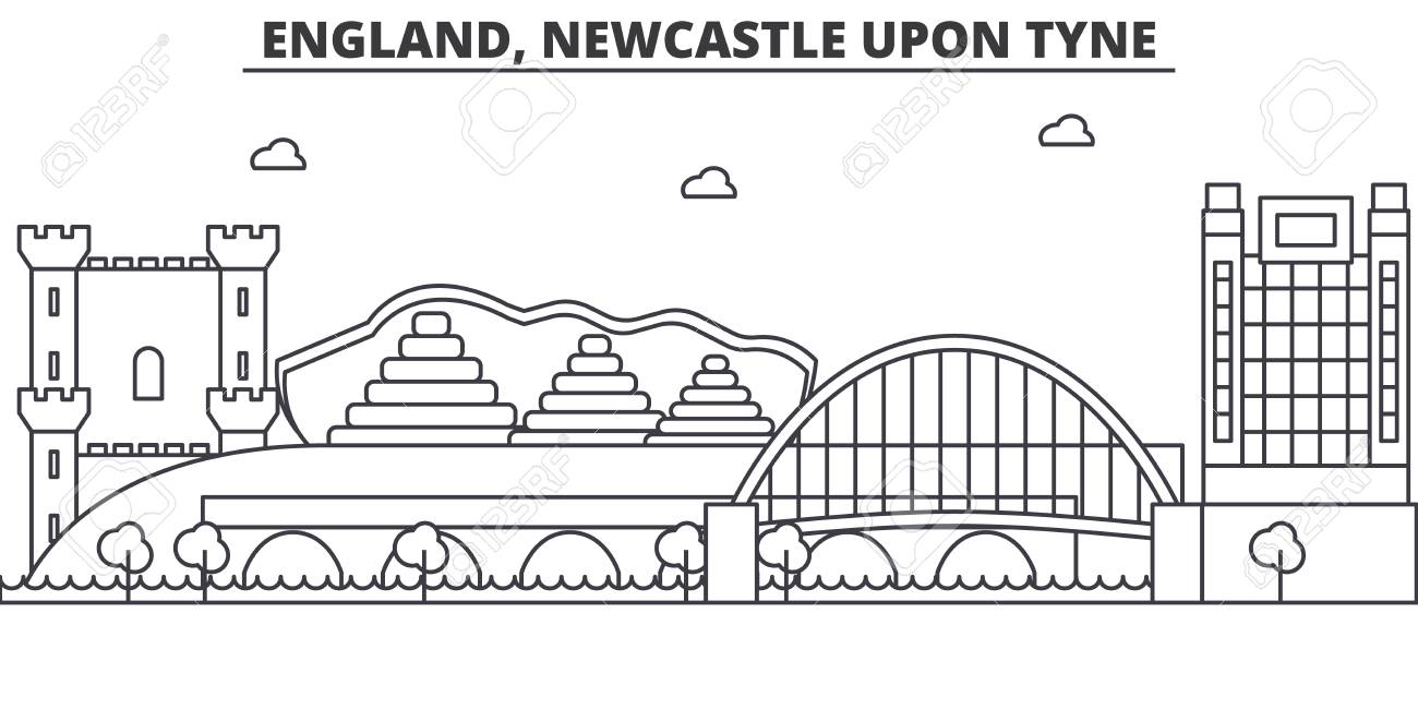 イギリス ニューカッスル アポン タイン建築線スカイラインの図 有名なランドマーク 観光 デザイン アイコンと線形ベクトル街並み 編集可能なストロークのイラスト素材 ベクタ Image