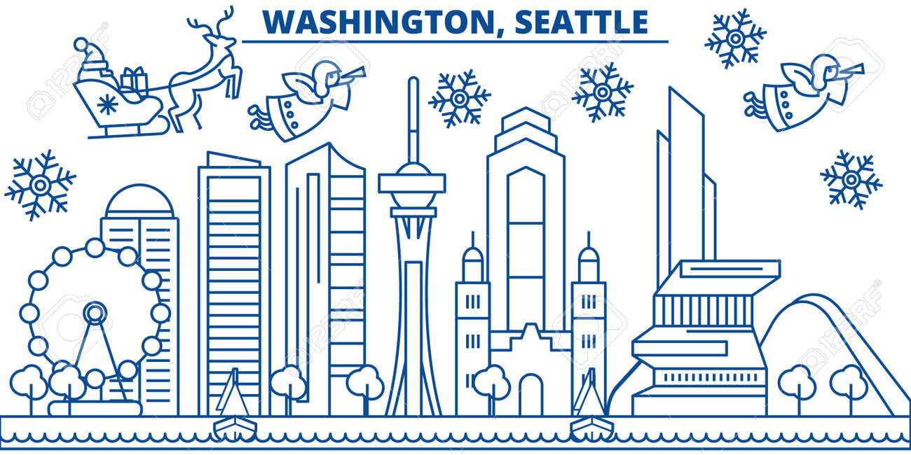アメリカ ワシントン シアトルの冬の街のスカイライン メリークリスマスとハッピーニューイヤーは バナーを飾りました 雪とサンタクロースと冬 のグリーティングカード フラット ラインベクトル 線形クリスマスイラスト のイラスト素材 ベクタ Image